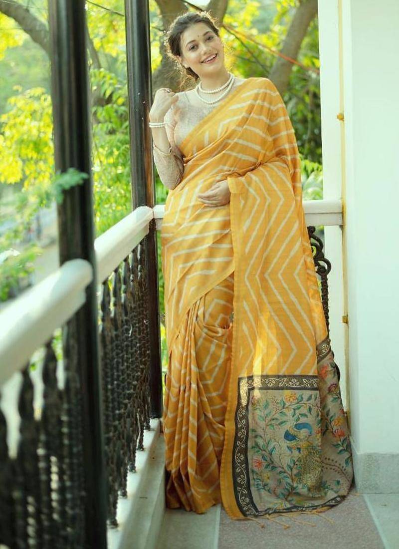 Yellow color tussar silk lehariya printed zari border saree