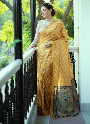 Yellow color tussar silk blend lehariya printed zari border saree 2