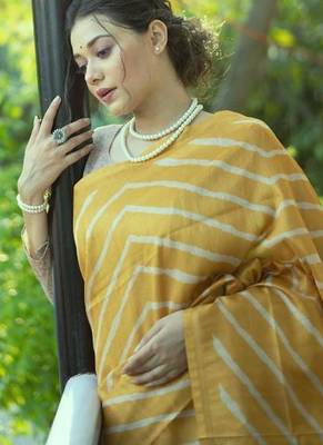 Yellow color tussar silk blend lehariya printed zari border saree 4