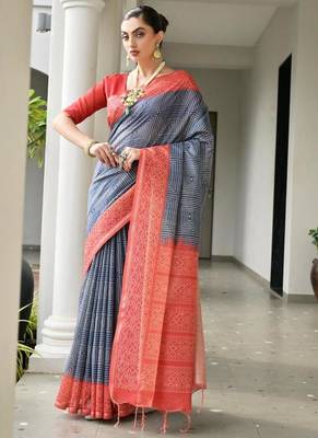 Blue tussar silk blend ikkat printed saree 1