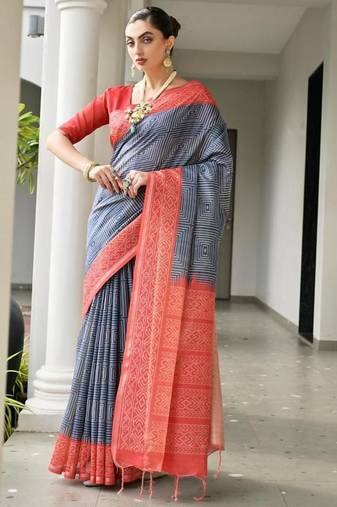Blue color tussar silk ikkat printed saree