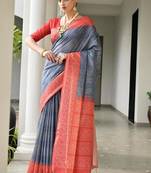Blue color tussar silk ikkat printed saree