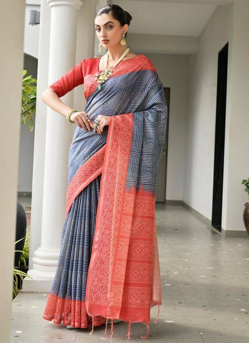 Blue color tussar silk ikkat printed saree