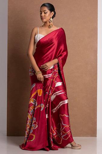 Maroon original japan devsena satin saree japan satin digital print blouse