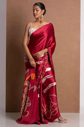Maroon original japan devsena satin saree japan satin digital print blouse