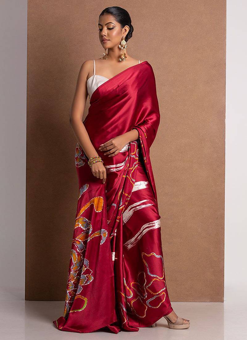 Maroon original japan devsena satin saree japan satin digital print blouse