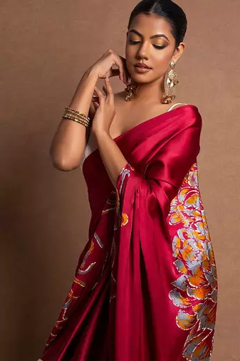 Maroon original japan satin saree with digital print blouse
