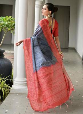 Blue tussar silk blend ikkat printed saree 3