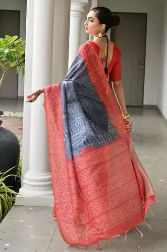 Blue color tussar silk blend ikkat printed saree