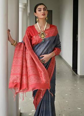 Blue tussar silk blend ikkat printed saree 4