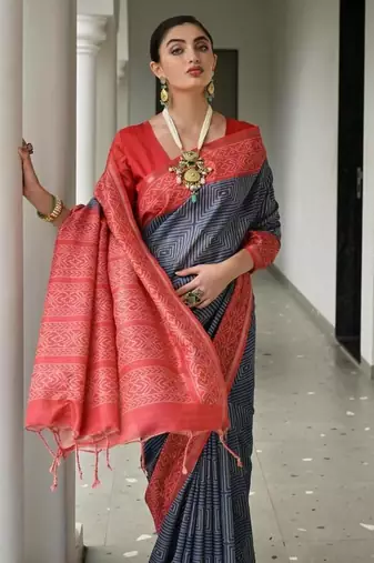 Blue color tussar silk blend ikkat printed saree