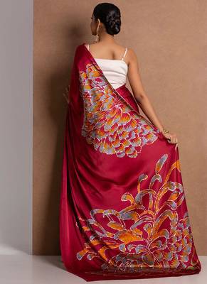 Maroon original japan satin saree with digital print blouse 3