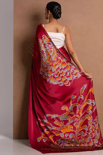 Maroon original japan satin saree with digital print blouse