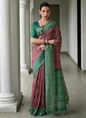 Purple color tussar silk blend ikkat printed saree 1