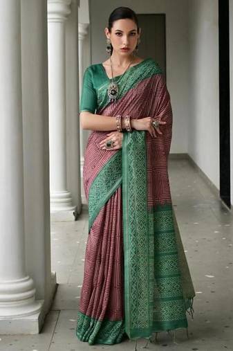Purple color tussar silk ikkat printed saree