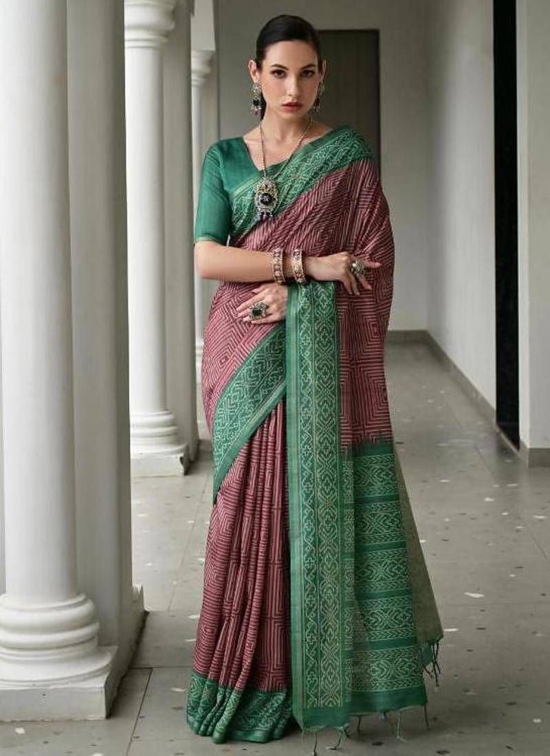 Purple color tussar silk ikkat printed saree