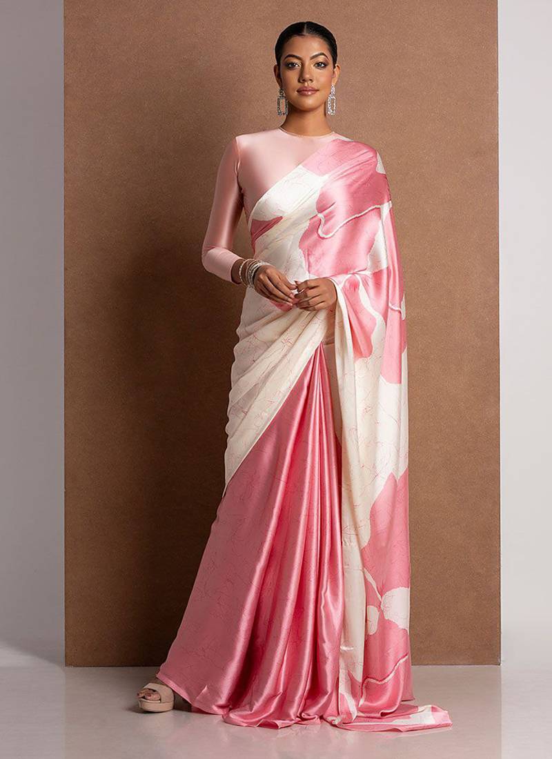 Baby pink original japan devsena satin saree japan satin digital print blouse