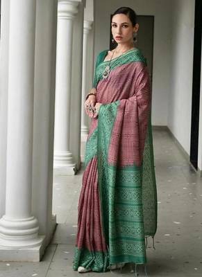 Purple color tussar silk blend ikkat printed saree 2