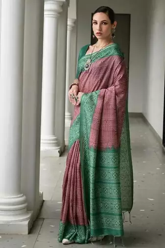 Purple color tussar silk blend ikkat printed saree