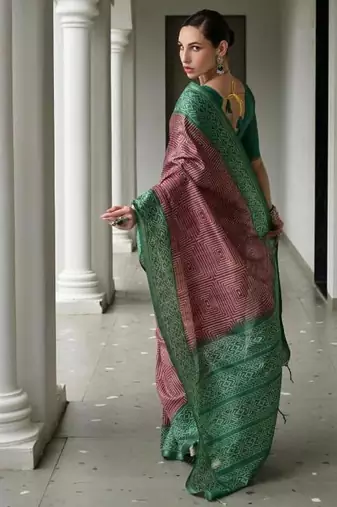 Purple color tussar silk blend ikkat printed saree