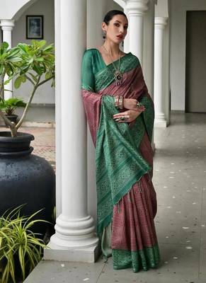 Purple color tussar silk blend ikkat printed saree 4
