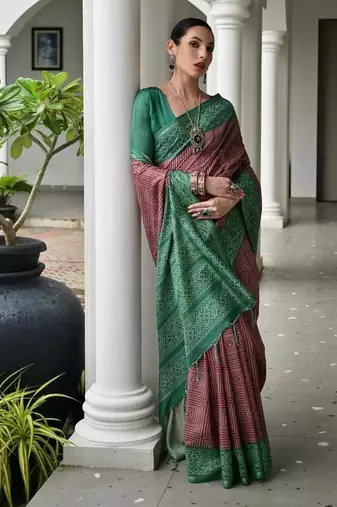 Purple color tussar silk blend ikkat printed saree