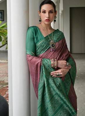 Purple color tussar silk blend ikkat printed saree 5