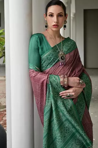 Purple color tussar silk blend ikkat printed saree