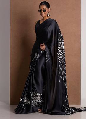 Black original japan satin saree with digital print blouse 1