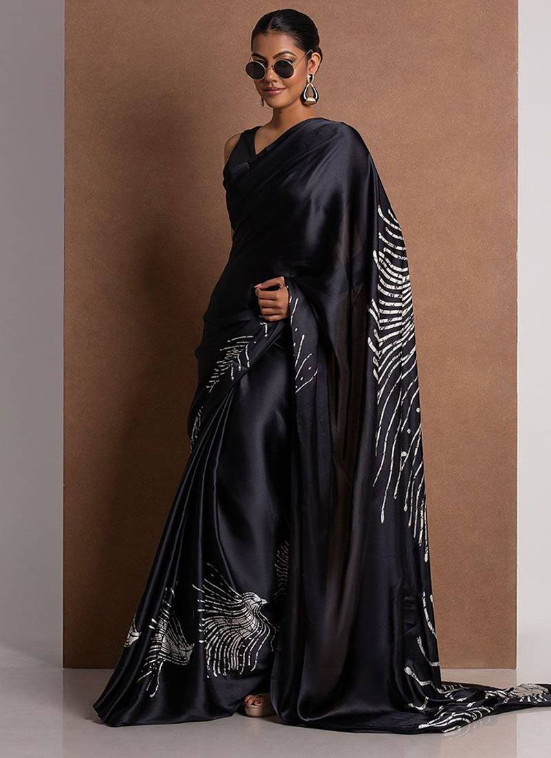 Black original japan devsena satin saree japan satin digital print blouse