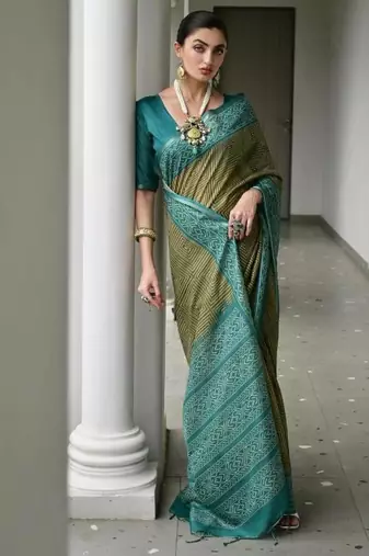 Mehendi color tussar silk ikkat printed saree