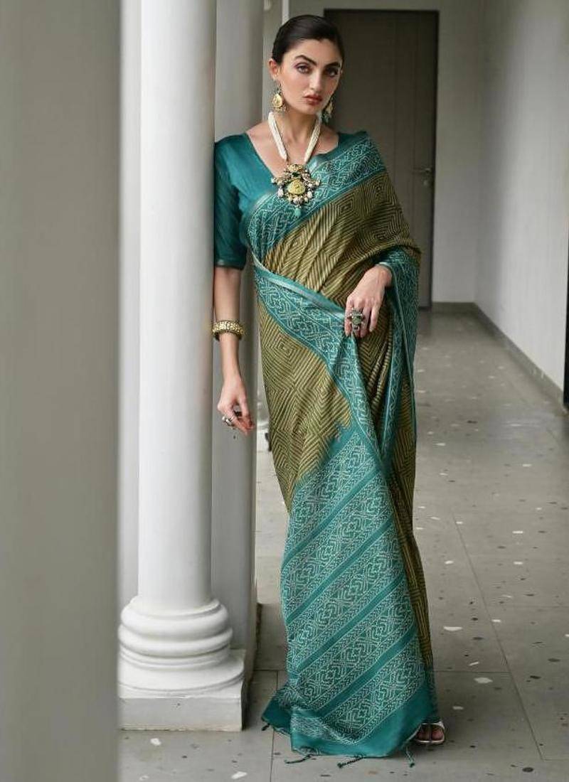 Mehendi color tussar silk ikkat printed saree