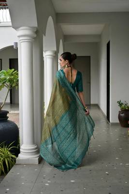 Mehendi color tussar silk blend ikkat printed saree 2