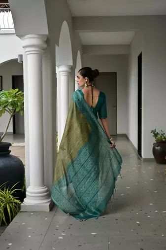 Mehendi color tussar silk blend ikkat printed saree