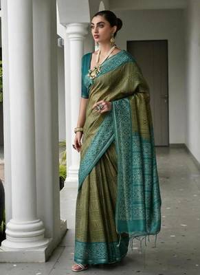 Mehendi color tussar silk blend ikkat printed saree 3