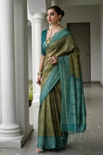 Mehendi color tussar silk blend ikkat printed saree