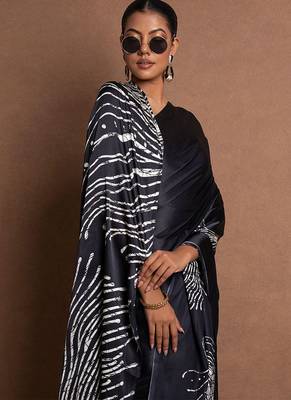 Black original japan satin saree with digital print blouse 3