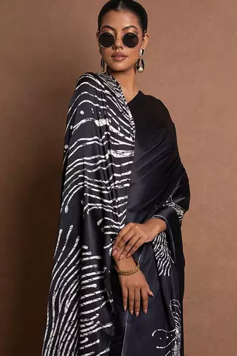 Black original japan satin saree with digital print blouse