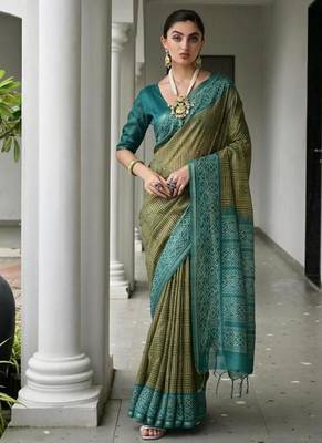 Mehendi color tussar silk blend ikkat printed saree 4