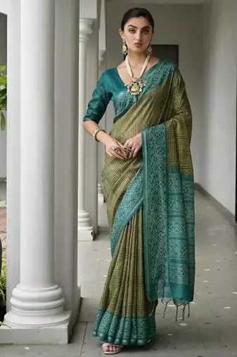 Mehendi color tussar silk blend ikkat printed saree