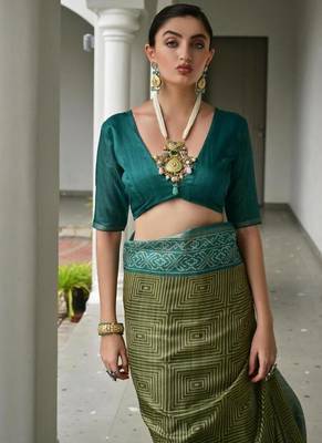 Mehendi color tussar silk blend ikkat printed saree 5