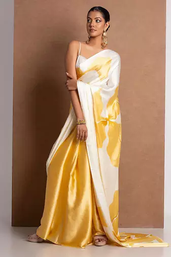 Yellow original japan devsena satin saree japan satin digital print blouse