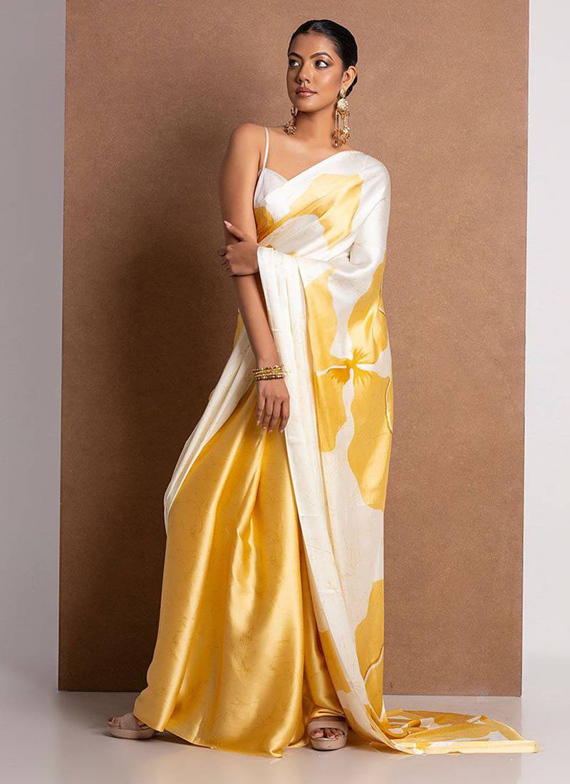 Yellow original japan devsena satin saree japan satin digital print blouse