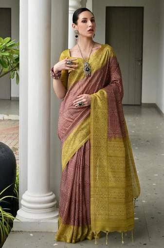Brown color tussar silk ikkat printed saree