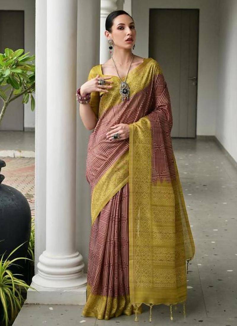 Brown color tussar silk ikkat printed saree