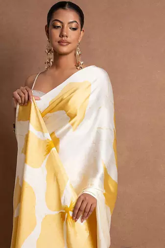 Yellow original japan satin saree with digital print blouse