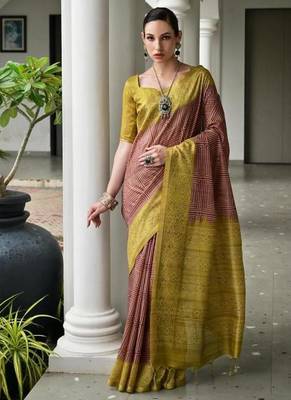 Brown color tussar silk blend ikkat printed saree 2