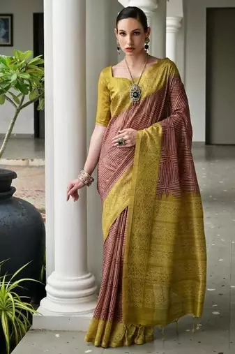 Brown color tussar silk blend ikkat printed saree