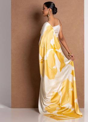 Yellow original japan satin saree with digital print blouse 3