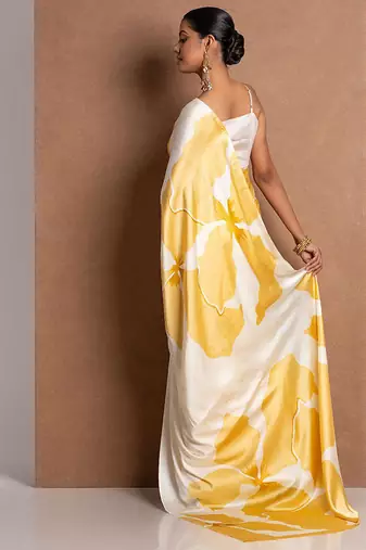 Yellow original japan satin saree with digital print blouse